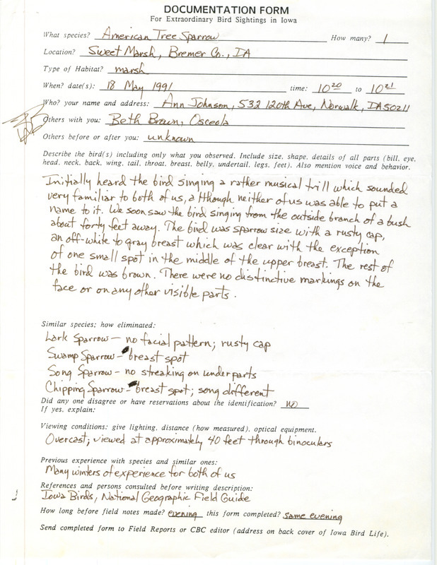 Rare bird documentation form for an American Tree Sparrow at Sweet March in Bremer County, IA on May 18, 1991.