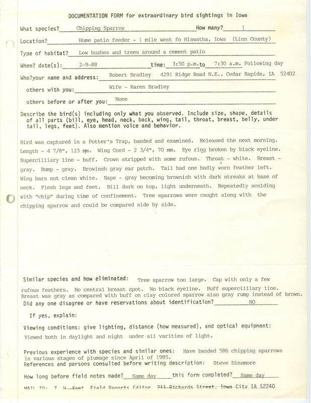 Rare bird documentation form for a Chipping Sparrow west of Hiawatha in Linn County, IA on February 9, 1988.