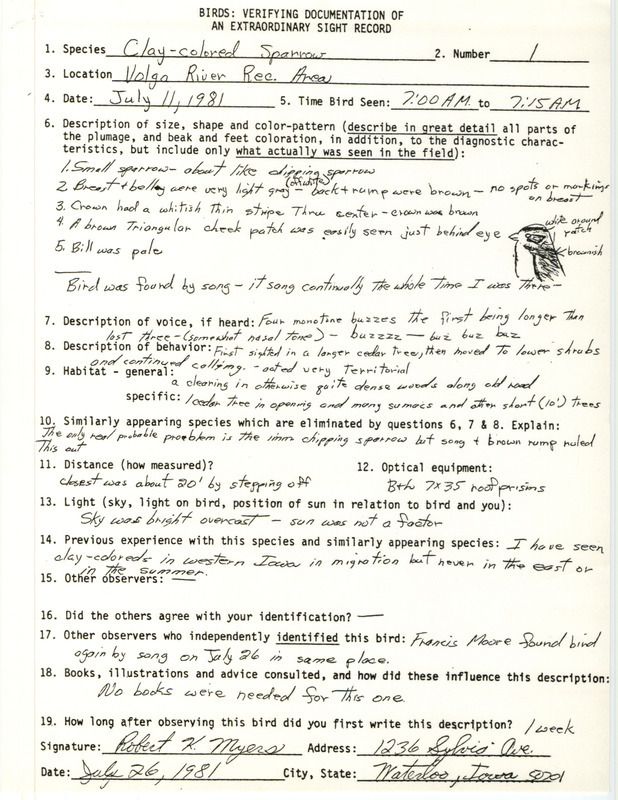 Rare bird documentation form for a Clay-colored Sparrow at Volga River State Recreation Area in Fayette County, IA on July 11, 1981.