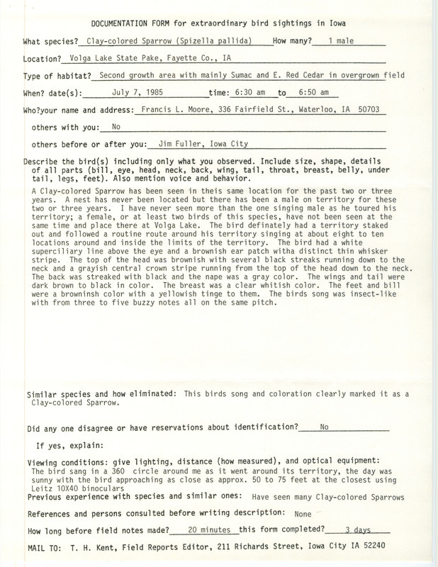 Rare bird documentation form for a Clay-colored Sparrow at Volga River State Park in Fayette County, IA on July 7, 1985.