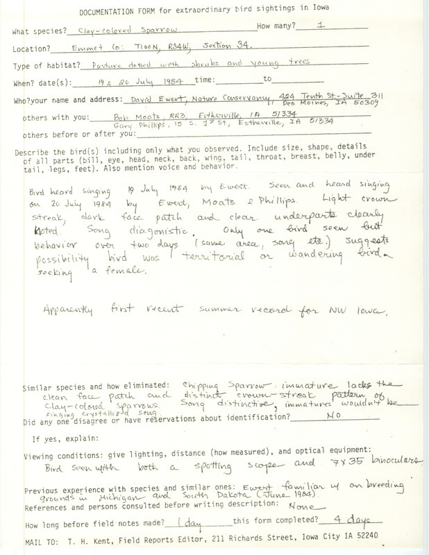 Rare bird documentation form for a Clay-colored Sparrow at Emmet Township in Emmet County, IA on July 19 and 20, 1984.