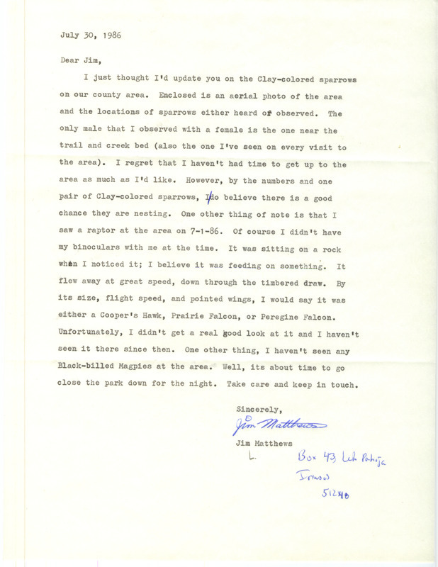 Letter and photographic map describing Clay-colored Sparrow sightings in Lyon County, IA for June and July, 1986 from Jim Matthews to Jim Dinsmore. It includes descriptions of a raptor sighting and bird sightings in general.