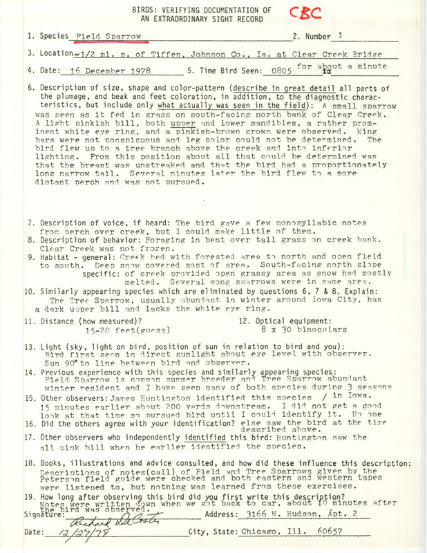 Rare bird documentation form for a Field Sparrow near Tiffin in Johnson County, IA on December 16, 1978.