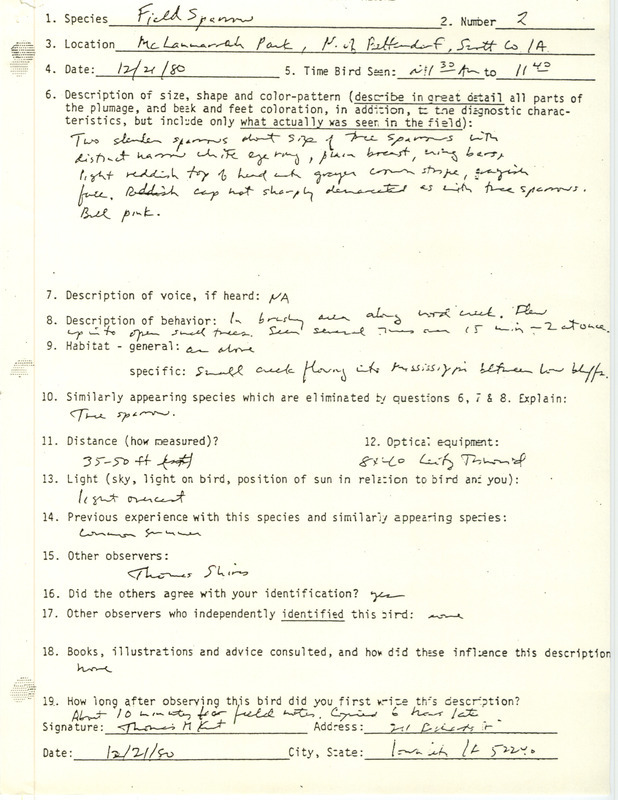 Rare bird documentation form for two Field Sparrows at McLamarrah Park in Bettendorf in Scott County, IA on December 21, 1980.