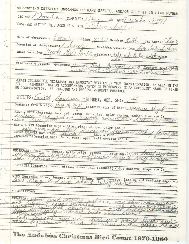 Rare bird documentation form for five Field Sparrows at Nyatt Girls Scout Camp in Sarpy County, NE on December 19, 1981.