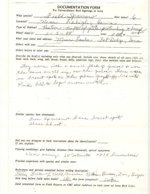 Rare bird documentation form for six Field Sparrows near Lehigh in Webster County, IA on January 2, 1988.