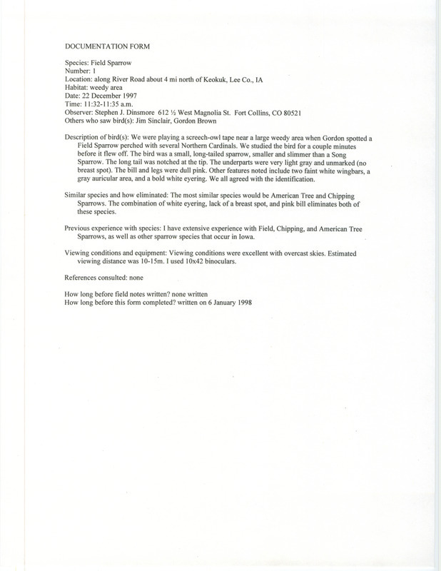 Rare bird documentation form for a Field Sparrow north of Keokuk in Lee County, IA on December 22, 1997.