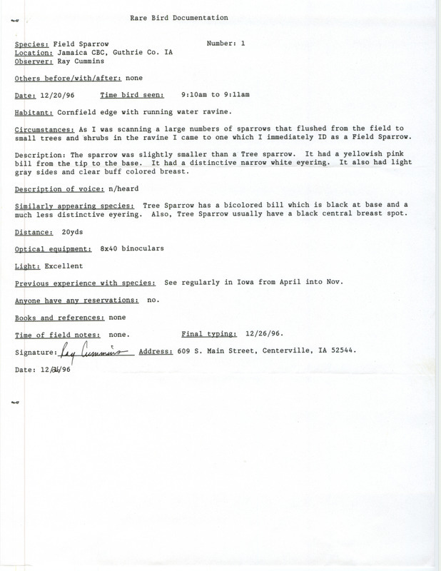 Rare bird documentation form for a Field Sparrow around Jamaica in Guthrie County, IA on December 20, 1996. The sighting occurred during the Jamaica area Christmas Bird County.