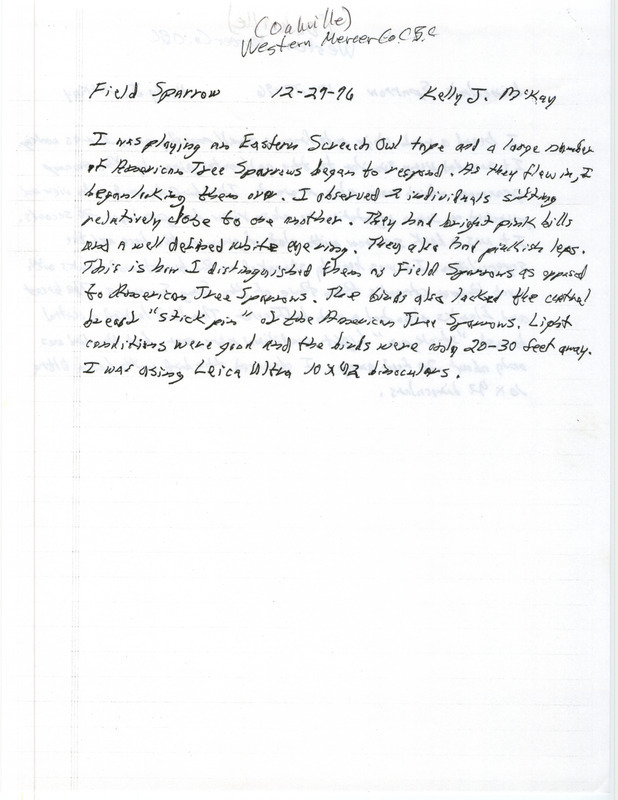 Field report for Field Sparrows near Oakville in Louisa County, IA on December 27, 1996 by Kelly J. McKay during a Christmas Bird County.