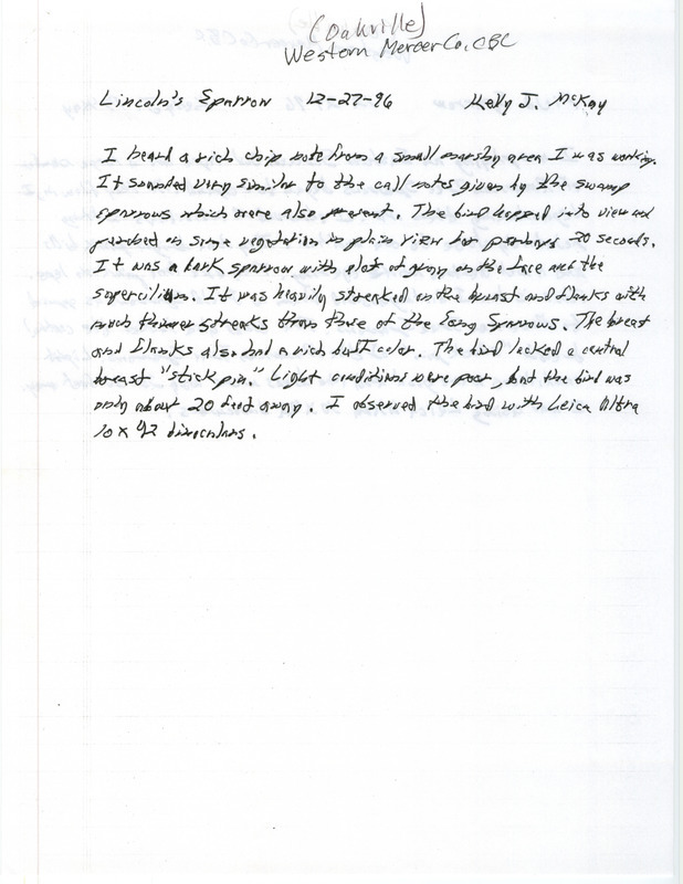 Field report for a Lincoln's Sparrow around Oakville in Louisa County, IA on December 27, 1996 by Kelly McKay during a Christmas Bird County.