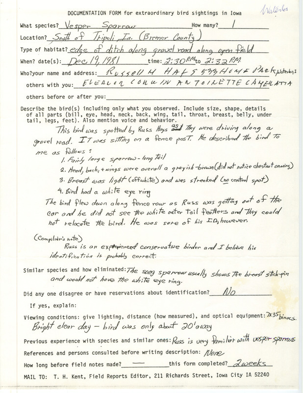 Rare bird documentation form for a Vesper Sparrow south of Tripoli in Bremer County, IA on December 19, 1981.