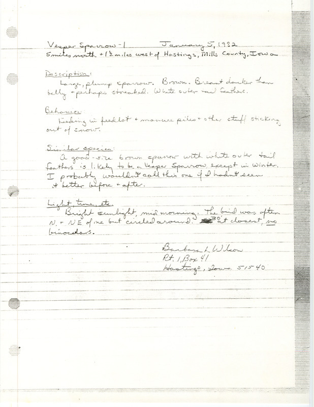 Rare bird documentation form for a Vesper Sparrow northwest of Hastings in Mills County, IA on January 5, 1982.