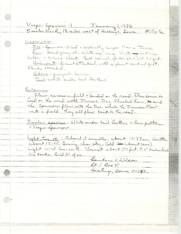 Rare bird documentation form for a Vesper Sparrow northwest of Hastings in Mills County, IA on January 7, 1982.