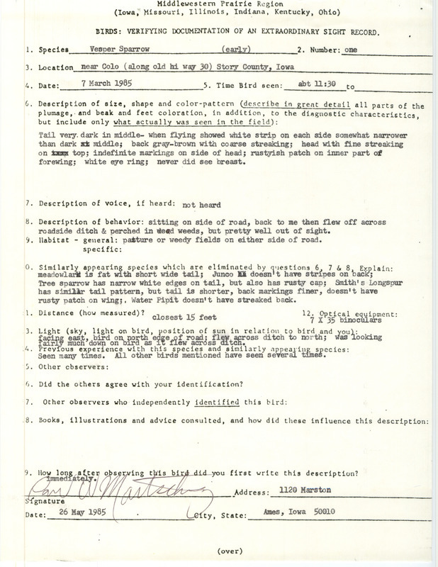 Rare bird documentation form for a Vesper Sparrow near Colo in Story County, IA on March 7, 1985.