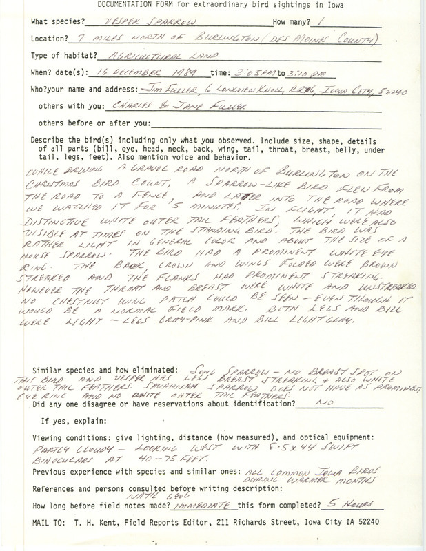 Rare bird documentation form for a Vesper Sparrow in Des Moines County, IA on December 16, 1989.