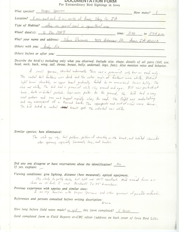 Rare bird documentation form for a Vesper Sparrow northeast of Ames in Story County, IA on December 16, 1989.