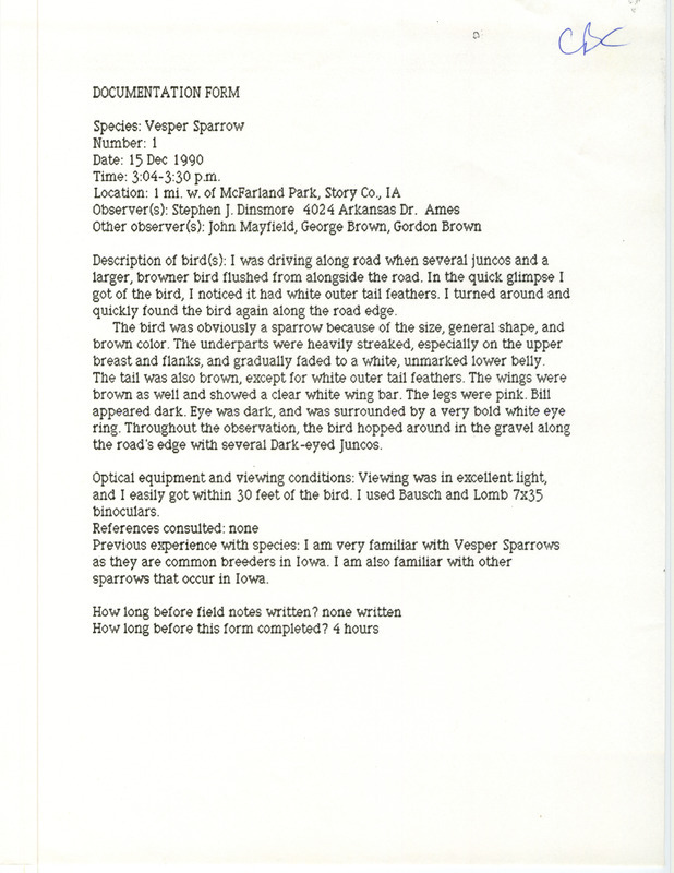 Rare bird documentation form for a Vesper Sparrow west of McFarland Park in Story County, IA on December 15, 1990.