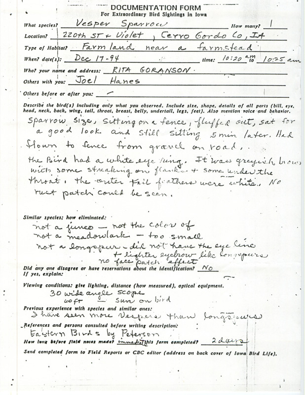 Rare bird documentation form for a Vesper Sparrow in Cerro Gordo County, IA on December 17, 1994.