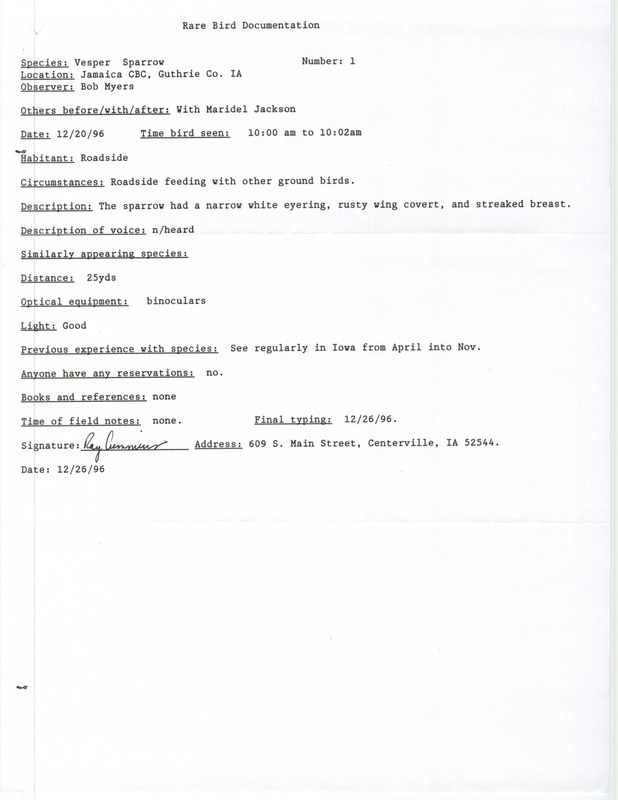 Rare bird documentation form for a Vesper Sparrow around Jamaica in Guthrie County, IA on December 20, 1996.