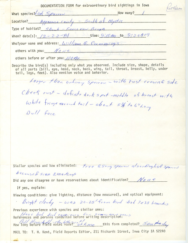 Rare bird documentation form for a Lark Sparrow south of Mystic in Appanoose County, IA on December 22, 1981.