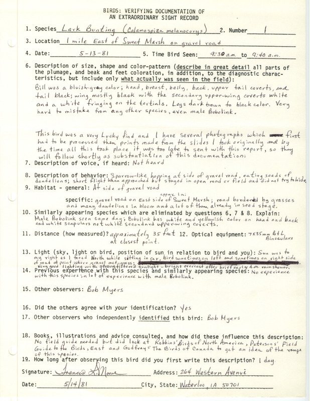 Rare bird documentation form for a Lark Bunting east of Sweet March in Bremer County, IA on May 13, 1981.