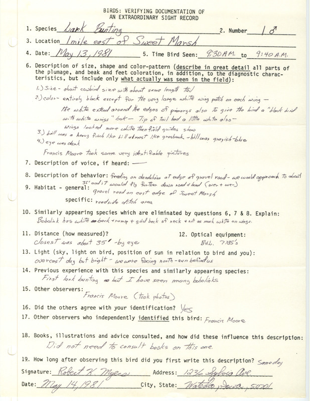 Rare bird documentation form for a Lark Bunting east of Sweet March in Bremer County, IA on May 13, 1981.