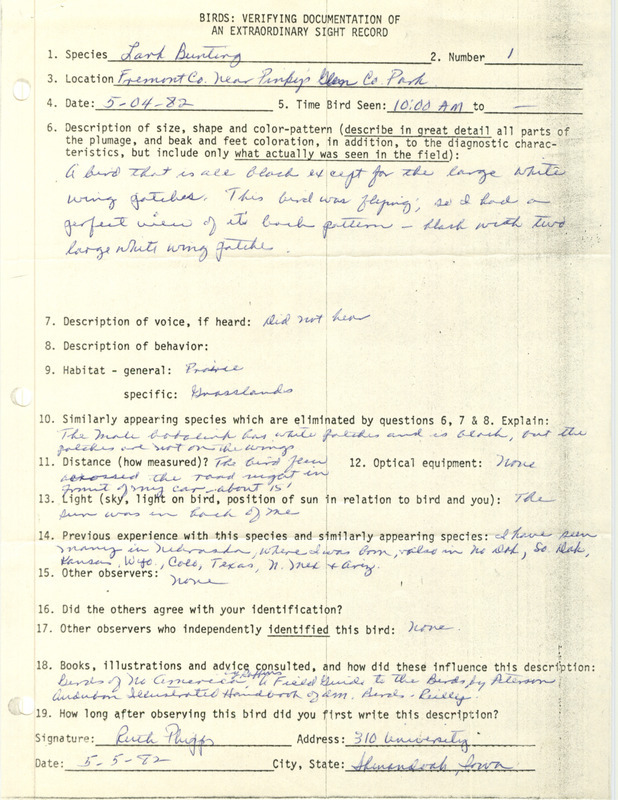 Rare bird documentation form for a Lark Bunting near Pinky's Glen in Fremont County, IA on May 4, 1982.