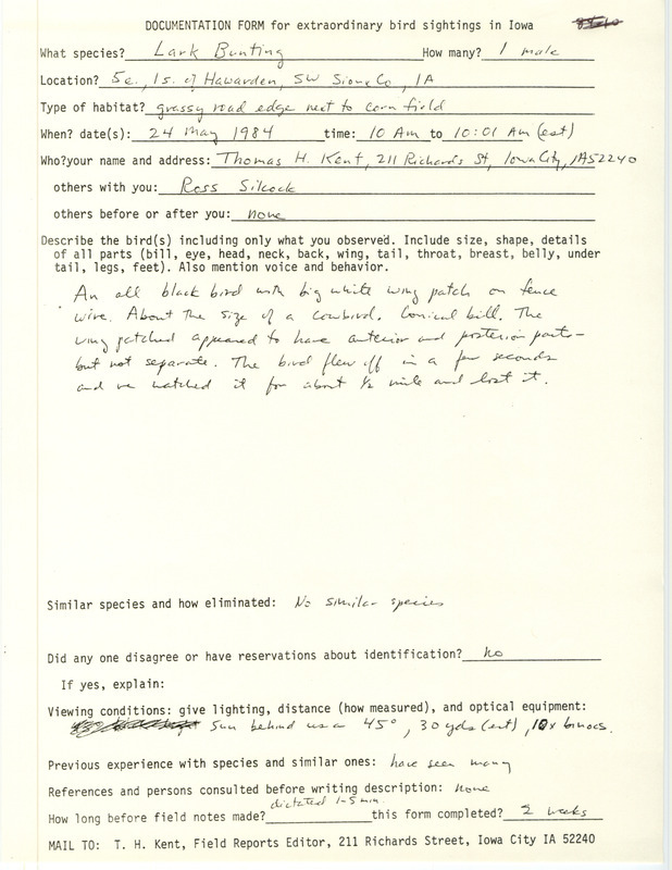 Rare bird documentation form for a Lark Bunting east of Hawarden in Sioux County, IA on May 24, 1984.