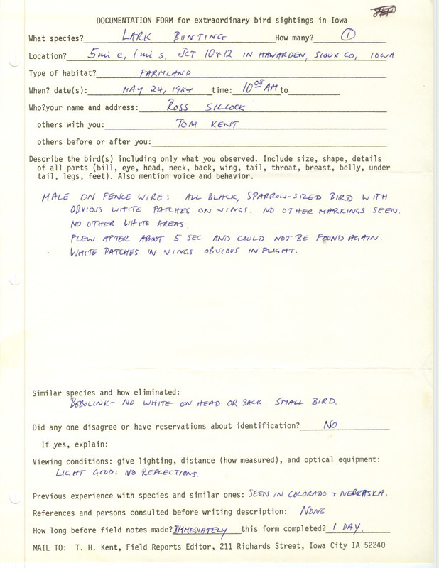 Rare bird documentation form for a Lark Bunting southeast of Hawarden in Sioux County, IA on May 24, 1984.