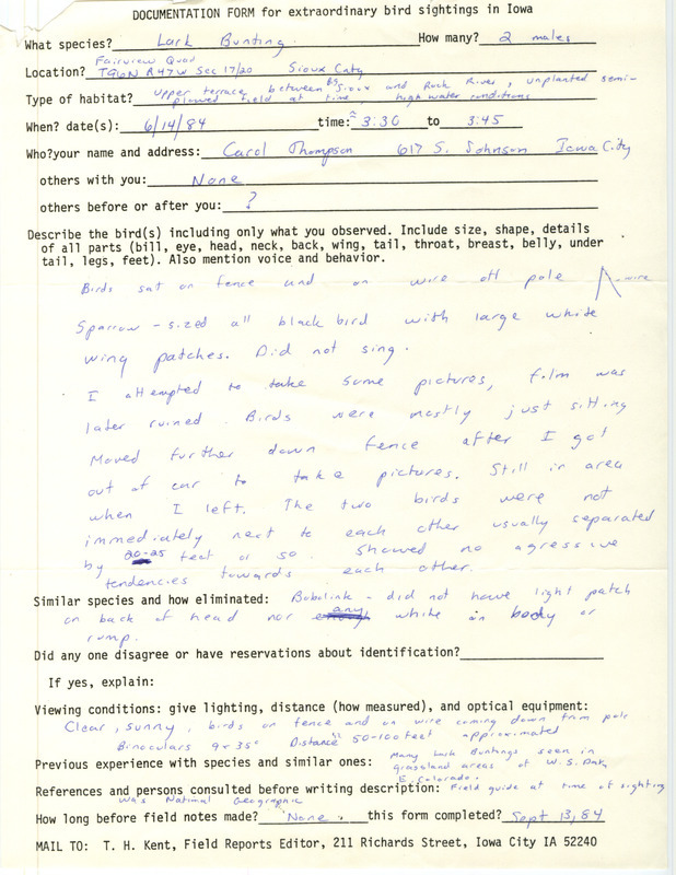 Rare bird documentation form for two Lark Buntings in Garfield Township in Sioux County, IA on June 14, 1984.