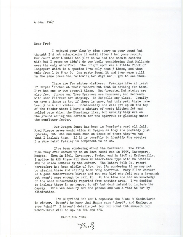 Letter sent on January 4, 1967 by Woodward H. Brown to Fred Kent discussing bird sightings during the fall and winter of 1966 and a Christmas Bird County. It features a discussion of Savannah Sparrows.