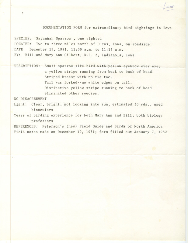 Rare bird documentation form for a Savannah Sparrow north of Lucas in Lucas County, IA on December 19, 1981.