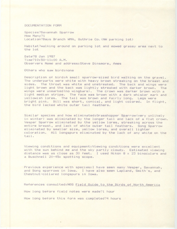 Rare bird documentation form for a Savannah Sparrow at Bays Branch Wildlife Management Area in Guthrie County, IA on January 8, 1987.