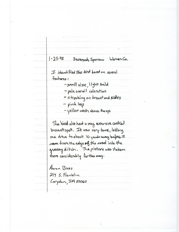 Field report from Aaron Brees for a Savannah Sparrow in Warren County, IA on January 25, 1998.