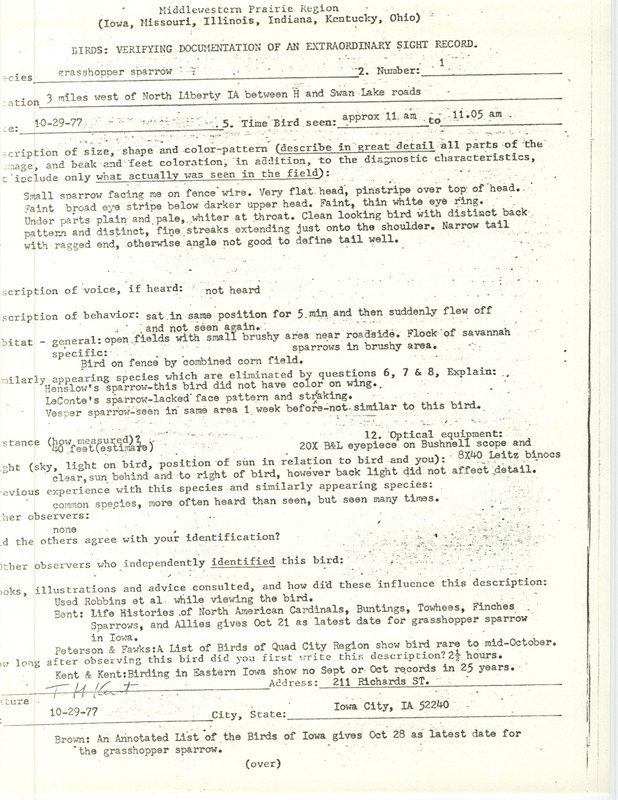 Rare bird documentation form for a Grasshopper Sparrow west of North Liberty in Johnson County, IA on October 29, 1977.