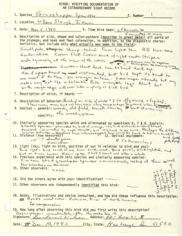 Rare bird documentation form for a Grasshopper Sparrow at Willow Slough in Mills County, IA on November 5, 1980.