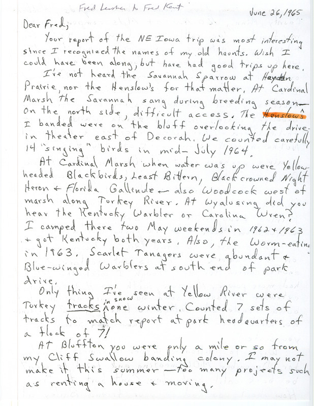 Letter by Fred Lesher regarding various bird sightings, personal matters, and banding Henslow's Sparrows near Decorah.