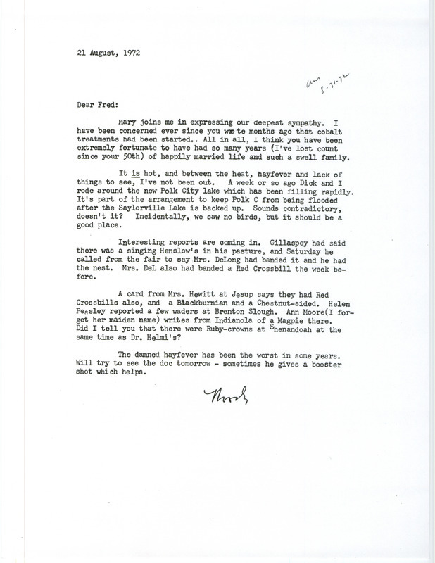 Letter from Woody Brown to Fred Kent about bird sightings for the summer of 1972 and the potential of Polk City lake to attract birds. It features a Henslow's Sparrow banding at Lamoni in Decatur County, IA on August 19, 1972.