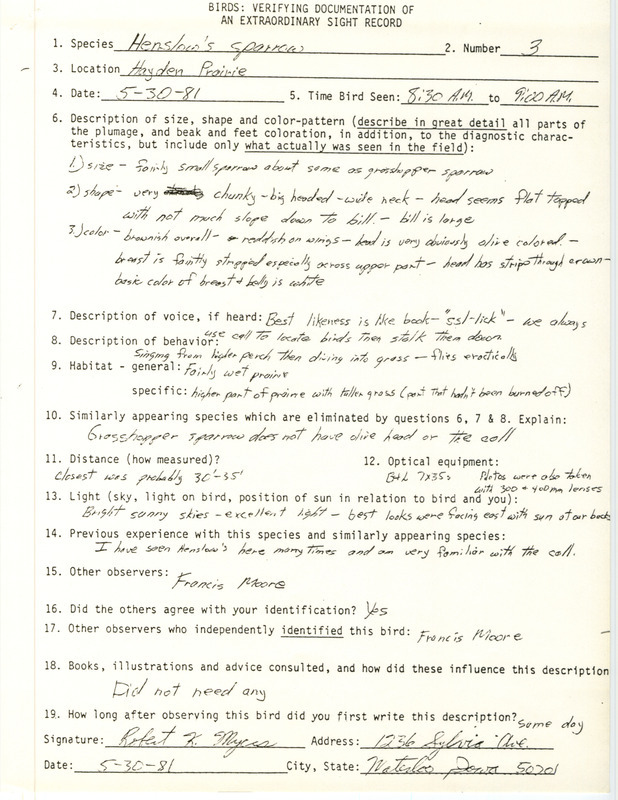 Rare bird documentation form for three Henslow's Sparrows at Hayden Prairie in Howard County, IA on May 30, 1981.