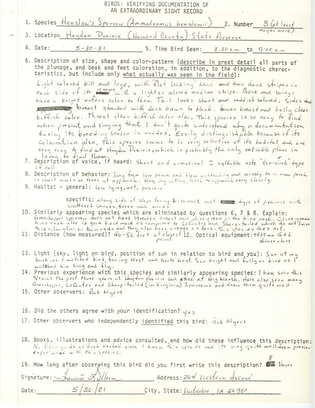 Rare bird documentation form for three or more Henslow's Sparrows at Hayden Prairie State Preserve in Howard County, IA on May 30, 1981.