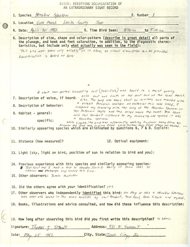 Rare bird documentation form for a Henslow's Sparrow at Cone Marsh Wildlife Management Area in Louisa County, IA on April 30, 1982.