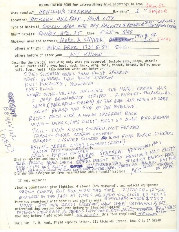 Rare bird documentation form for a Henslow's Sparrow at Hickory Hill Park in Iowa City in Johnson County, IA on April 25, 1982.