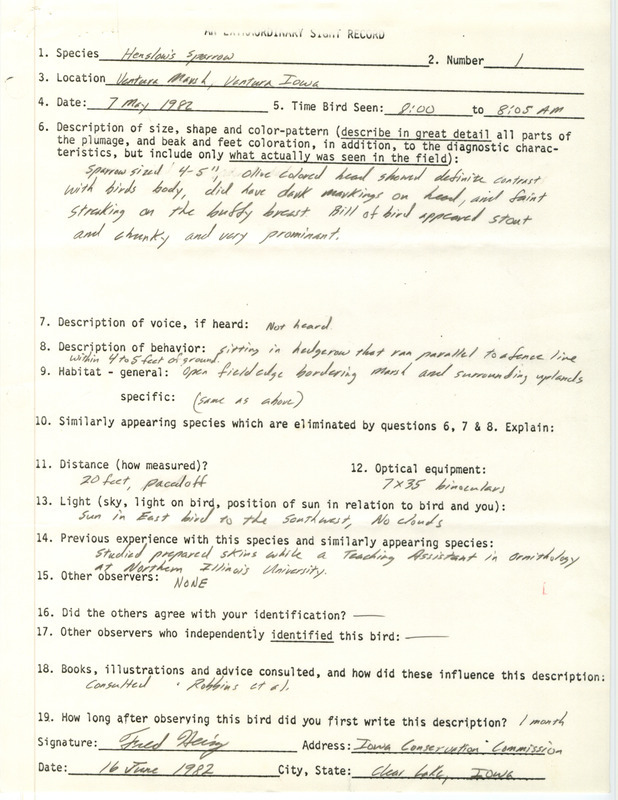 Rare bird documentation form for a Henslow's Sparrow at Ventura March in Cerro Gordo County, IA on May 7, 1982.