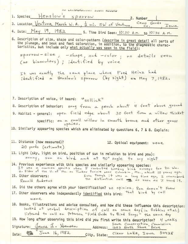 Rare bird documentation form for a Henslow's Sparrow at Ventura Marsh Wildlife Area in Cerro Gordo County, IA on May 19, 1982.