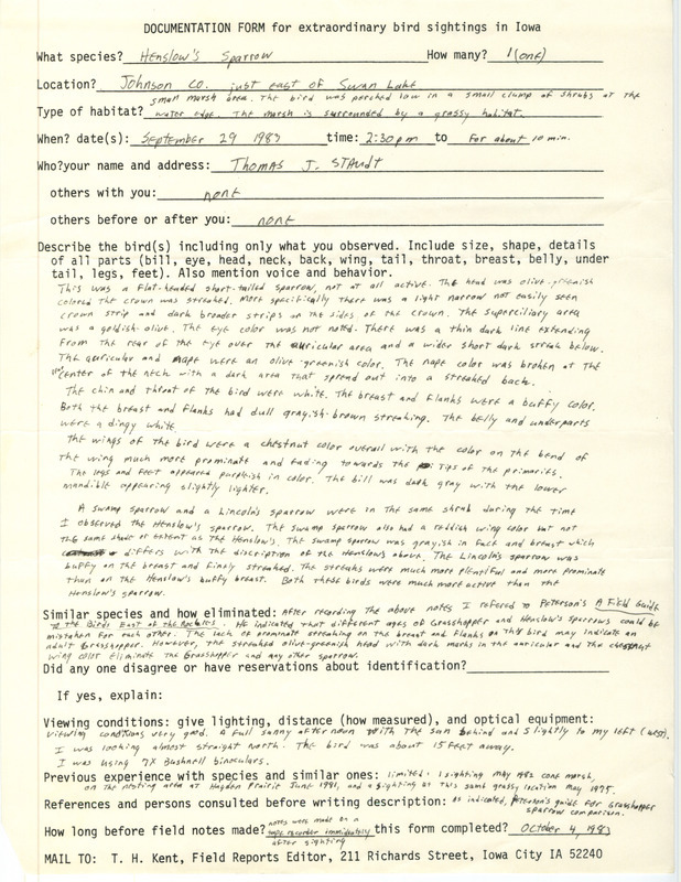 Rare bird documentation form for a Henslow's Sparrow east of Swan Lake in Johnson County, IA on September 29, 1983.