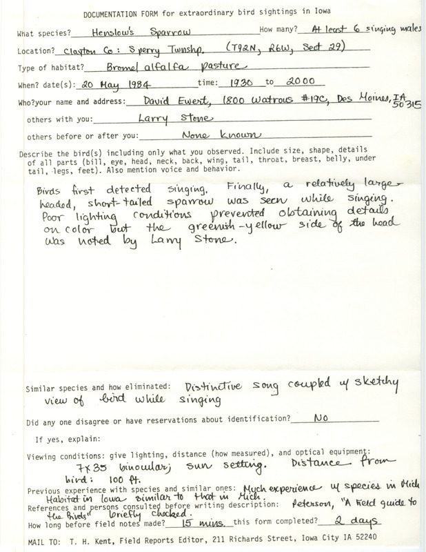 Rare bird documentation form for at least six Henslow's Sparrow at Sperry Township in Clayton County, IA on May 20, 1984.