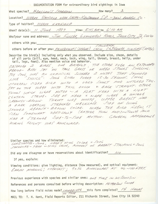 Rare bird documentation form for two Henslow's Sparrows near Lacey-Keosauqua State Park in Van Buren County, IA on June 11, 1987.