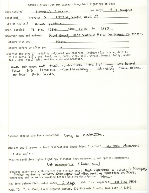 Rare bird documentation form for two to three Henslow's Sparrows at Lincoln Township in Warren County, IA on May 26, 1984.