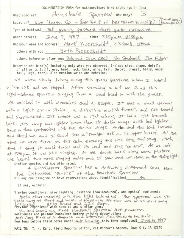 Rare bird documentation form for three Henslow's Sparrows at Des Moines Township in Van Buren County, IA on June 9, 1987.