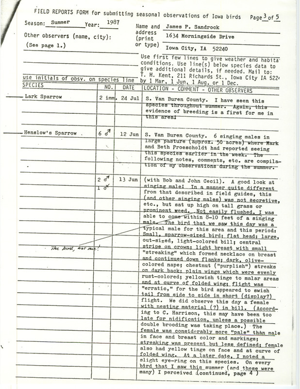 Field notes submitted by James P. Sandrock for the summer of 1987 featuring Henslow's Sparrow sightings on June 12 and 13, 1987 in southern Van Buren County, IA.